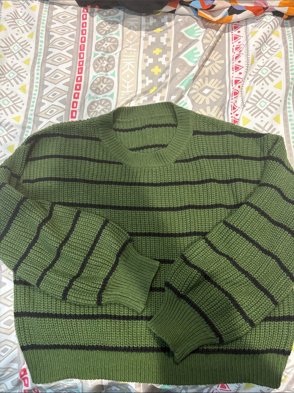 Cider Green Crewneck Sweater with Black Stripes